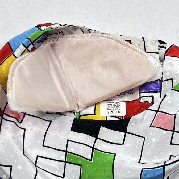 '80s Vintage Jordan Ari Iconic Bright Geometric Print Satin Dress Size 18 - Picture 10 of 12